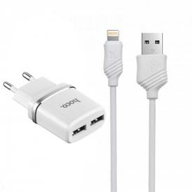 Купить Зарядное устройство 2*USB HOCO C12 2.4A + кабель Lightning Белый в Челябинске