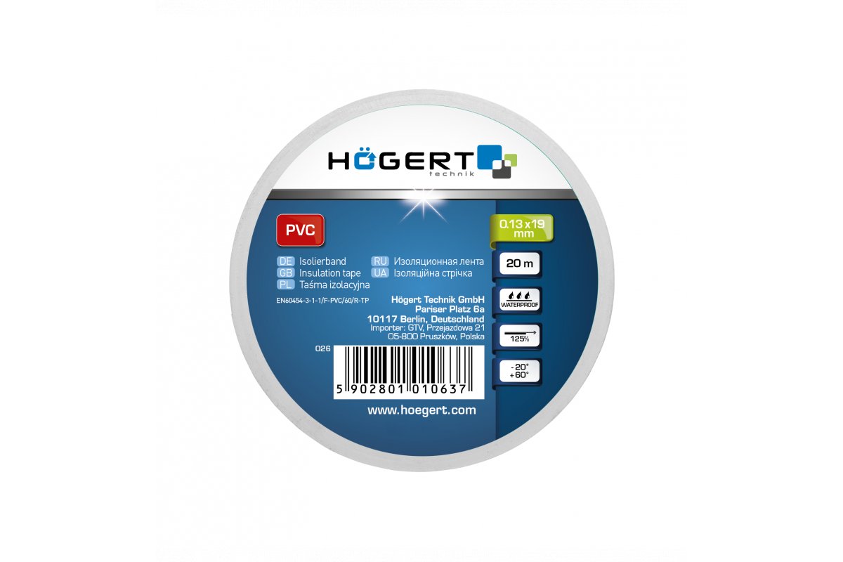 Купить Изолента HOGERT 0,13x19  20метров HT1P285 белая в Челябинске